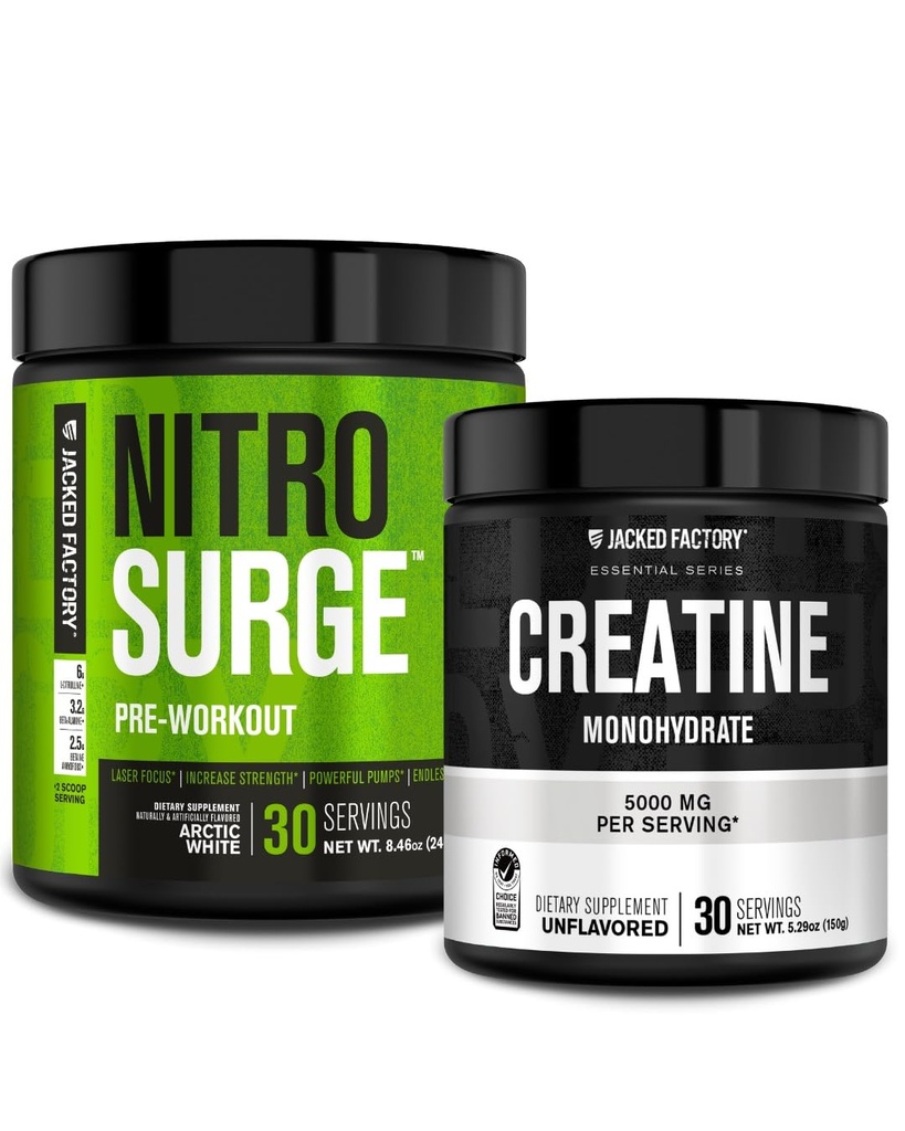 Jacked Factory NITROSURGE Pred vadbo dodatek (Arctic White) Kreatin monohidrat v prahu 150g (nearomatizirana) za rast mišic, večja moč, povečana energija
