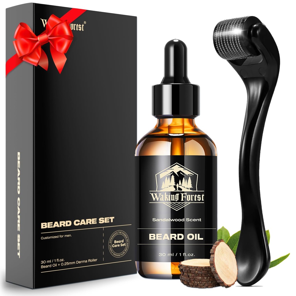 Waking Forest Derma Roller 0.25mm & Beard Oil(1oz), Sandalwood Beard Kit, Microneedle Beard Roller s 540 Titanium, Natural Vlažite z vitaminom E Beard olje za moške, očetje Boyfriend oče