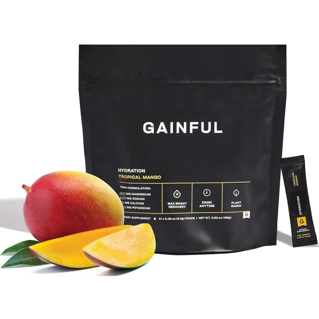 Gainful Hydration Powder Packets, Kofein brezplačno s ključnimi elektroliti magnezij in natrij, energijska podpora, nizek sladkor, tropski mango, 21 palice