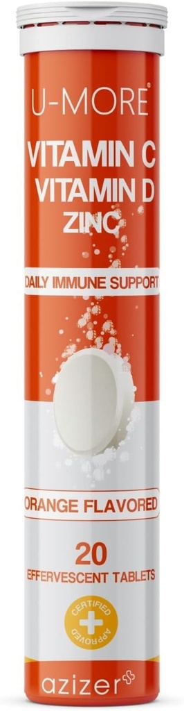 U- MORE Vitamin C 1000mg & cink + vitamin D, 20 šumeče tablete, pomarančni aromo, Imunska podpora dodatek, hitro raztapljanje, krepi imunski sistem, podpira zdravo kožo, lase in nohte
