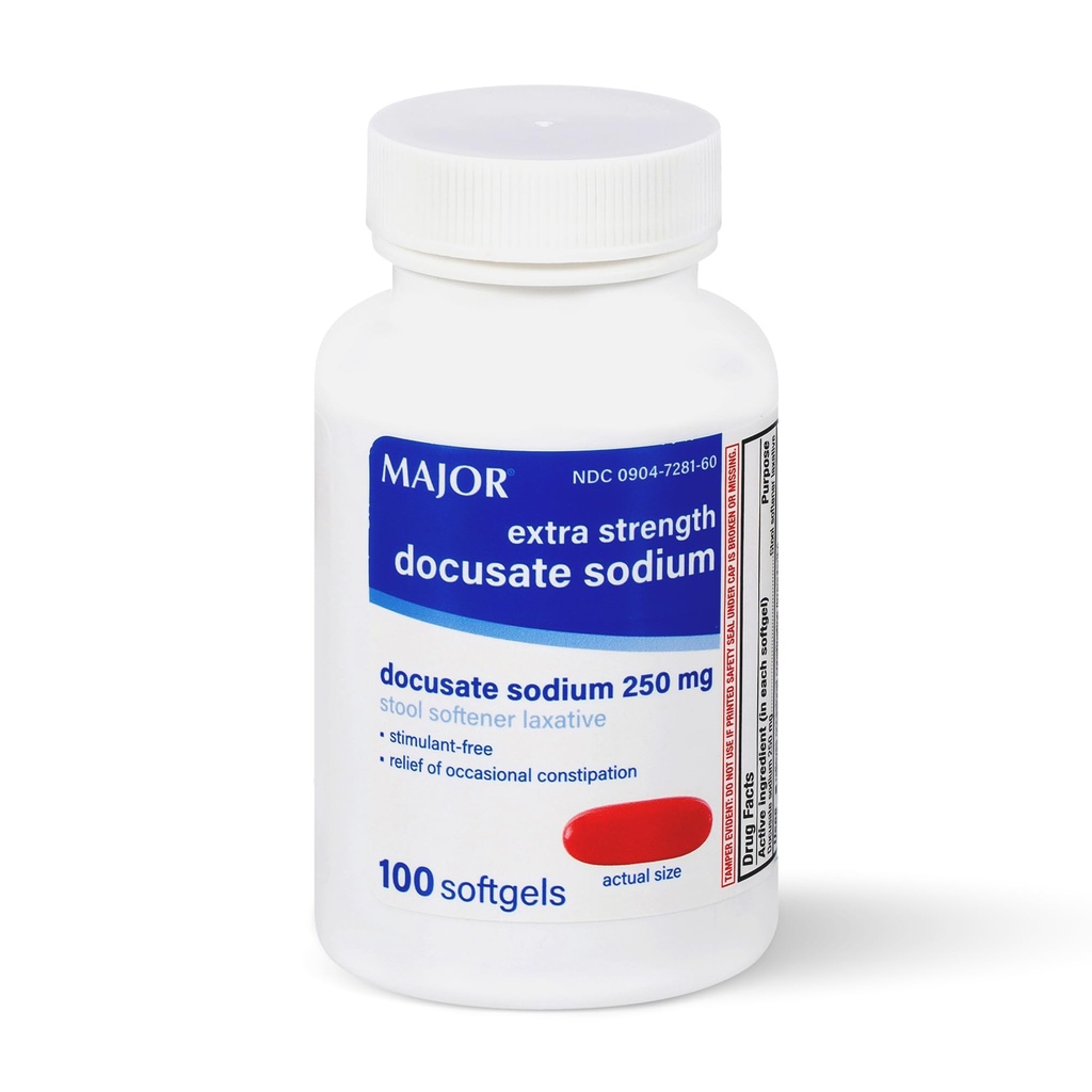 MAJOR Docusate natrij 250 mg, dodatno jakost Stool Mehčalo Laksativno za občasno zaprtje Relief – Stimulant-free, 100 Softgels (1 pakiranje)