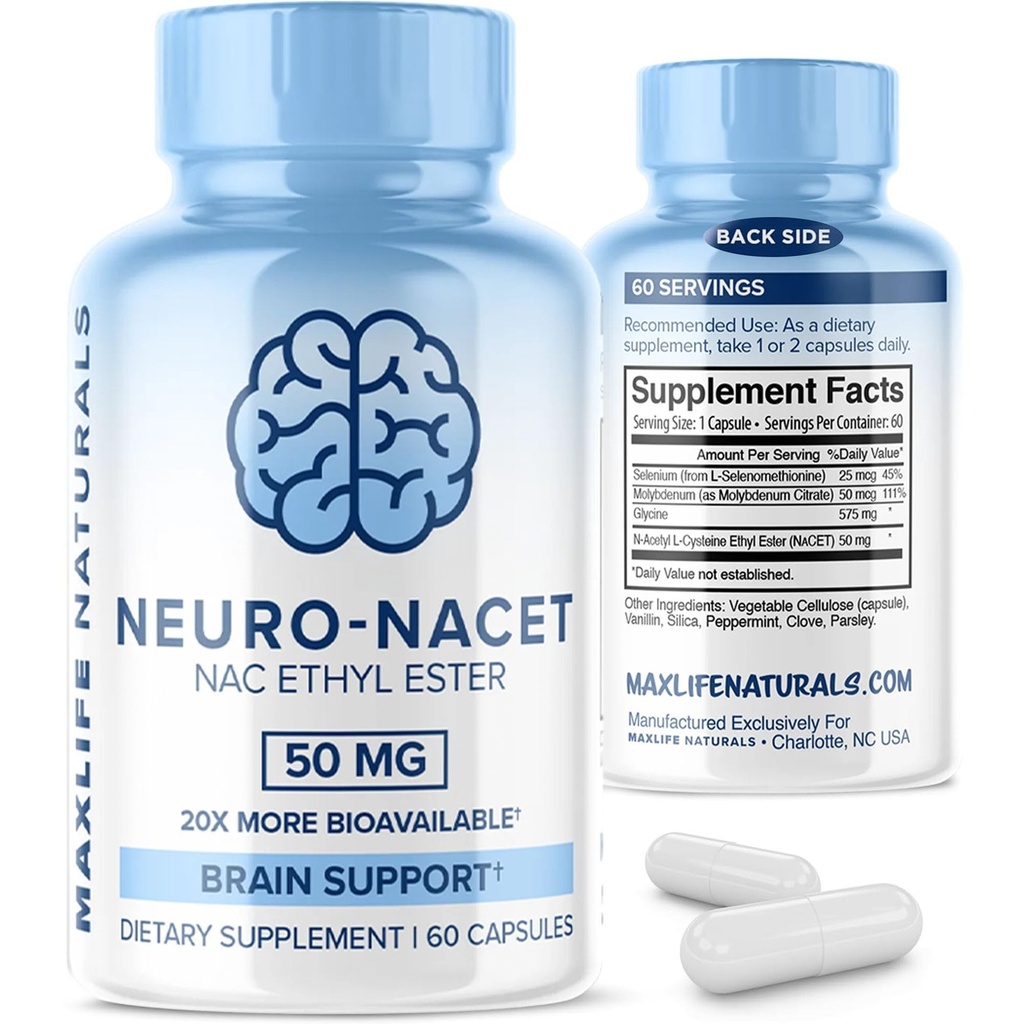 MaxLife Naturals Neuro NACET N-Acetil L-Cysteine – 60 kapsul, 20x Več Biorazpoložljiv Glycine NAC Supplement N-Acetil Cysteine etil Ester s selenom, 10x Glutatione Boost for Brain & Lung Support