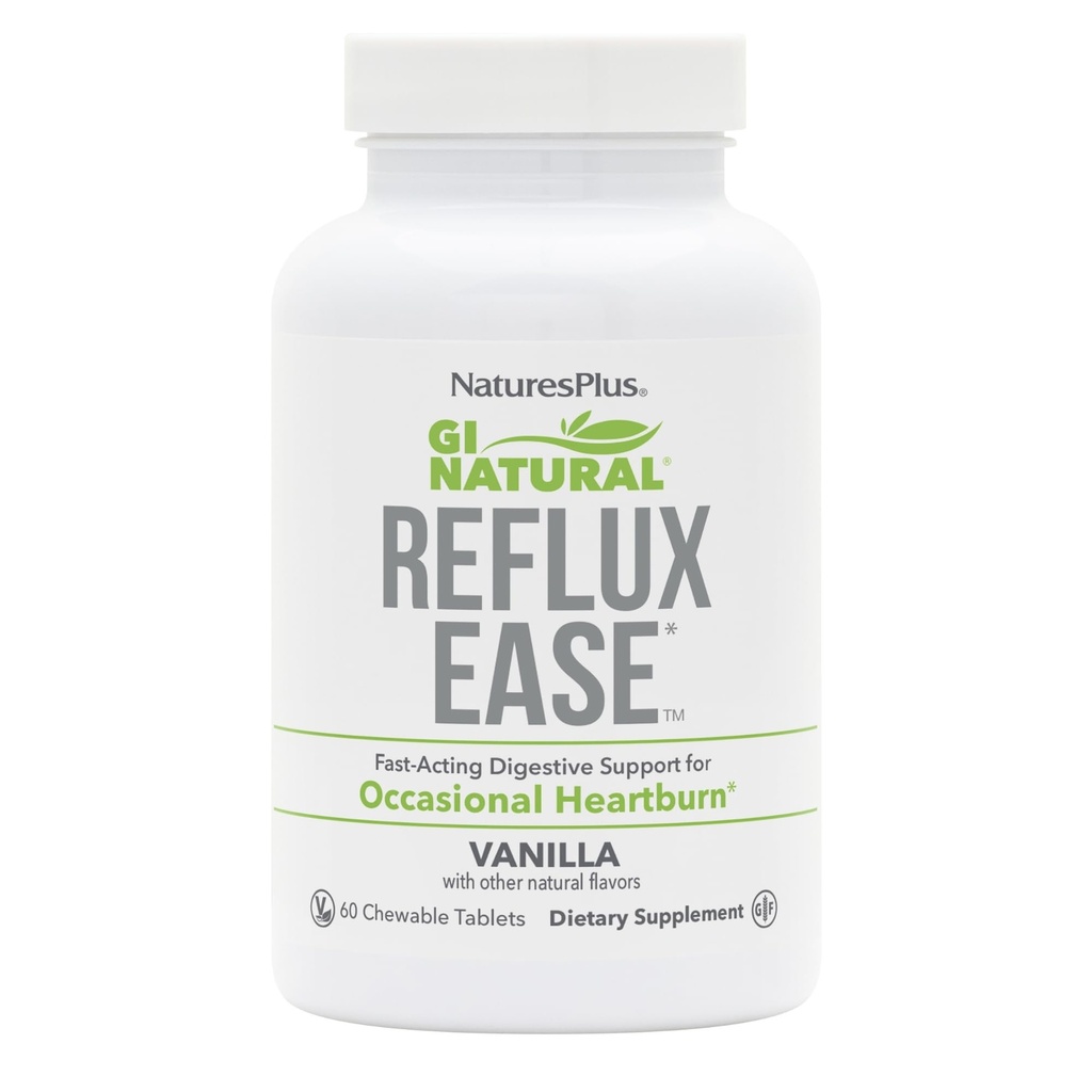 Natures Plus GI Natural Reflux Ease, Vanilla - 60 žvečljive tablete - hitro delujoča prebavna podpora - vegetarijanska, Gluten brezplačno - 60 Sluge