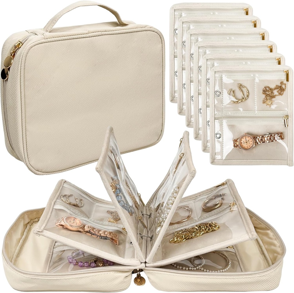 Travel Nakit Organizator Case, Jewelry Bags Nakit Skladiščenje Knjiga Binder s Clear Zipper Velvet Pouch za potovanje,Zemlji, Prstani, Ovratnica, Zapestnica (bela)