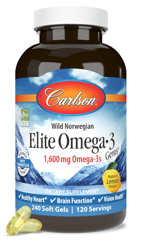 Carlson Elite Omega-3 Gems, 1600 mg Omega-3 z EPA & DHA, Lemon Flavor, 240 Softgels – divje ujeto norveško ribje olje, trajno izvorno