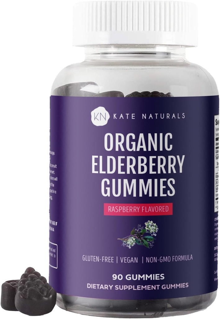 Kate Naturals Elderberry Gumies z vitaminom C in cinkom za odrasle in otroke. Okusen Sambucus Bezgove jagode za imuno podporo (90 Gummies, 45 Day Supply, Organic)