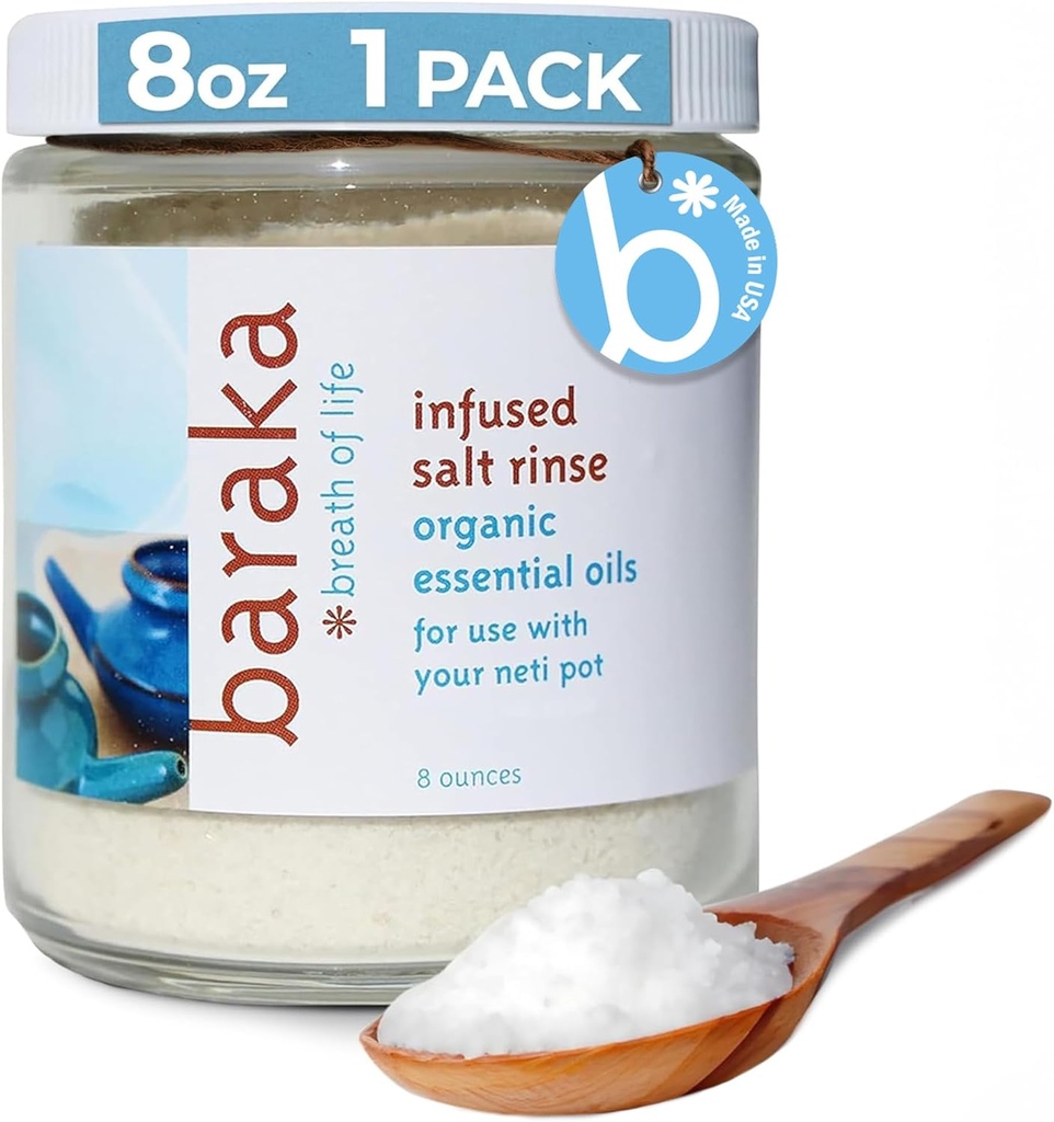 Baraka Infunded Sea Salt Neti Pot - Sinus Rinse & Nose Cleaner, Essential Oil Infunded with Virginia Cedarwood, Palmarosa, Green Myrtle, Fir Balsam & Rosemary, 8 oz (1 pakiranje)