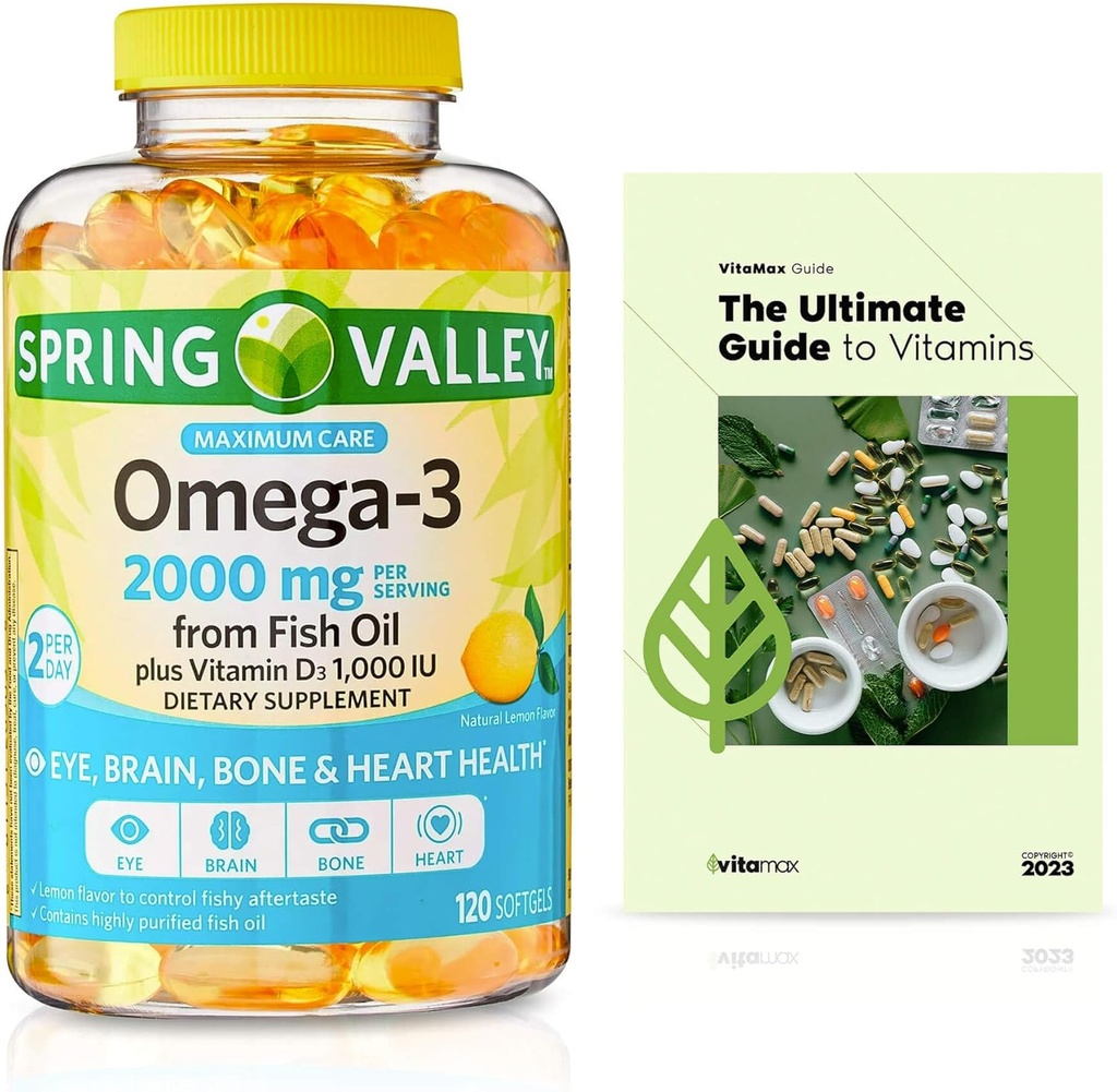Spring Valley Omega-3 iz ribjega olja 2000 mg, maksimalna nega, 120 Count + Exclusive VitaMax Vitamin Guide (2 izdelka)