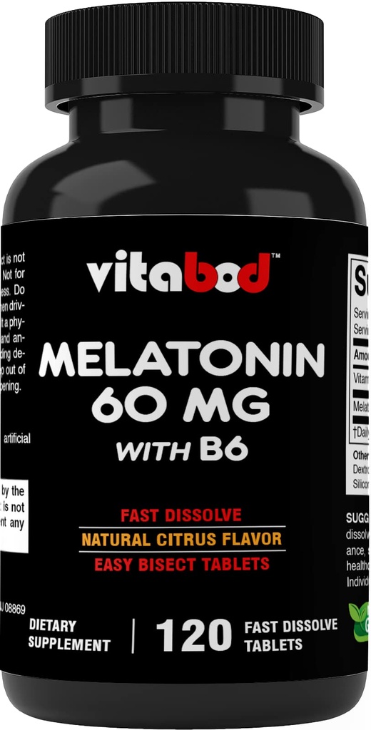 Melatonin 60 mg z vitaminom B6 – 120 hitre raztapljajoče tablete ekstra močna podpora za spanje – brez zdravil – naravna aroma citrusov – vegetarijanska, ne- GMO, gluten-free