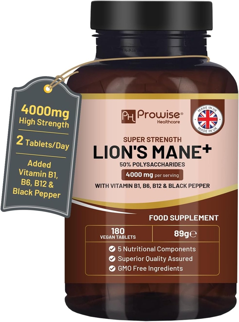 Lions Mane Gobe Dodatek 4000mg z vitaminom B1, B6, B12 & Black Pepper - 180 Super Jakost Veganske tablete s 50% polisaharidi (Ne v prahu ali kapsulah) 