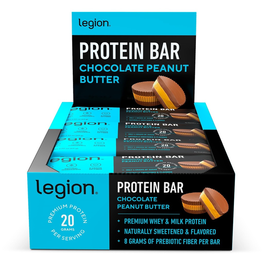 Legion Protein Bar Čokoladno arašidovo maslo -100% sirotkine beljakovine, Pečene čokoladice z visoko vsebnostjo beljakovin (20g) Nizka vsebnost maščob (12g) Nizki sladkor (4g), Brez soje, Gluten - Naravni okusi (12 Count)