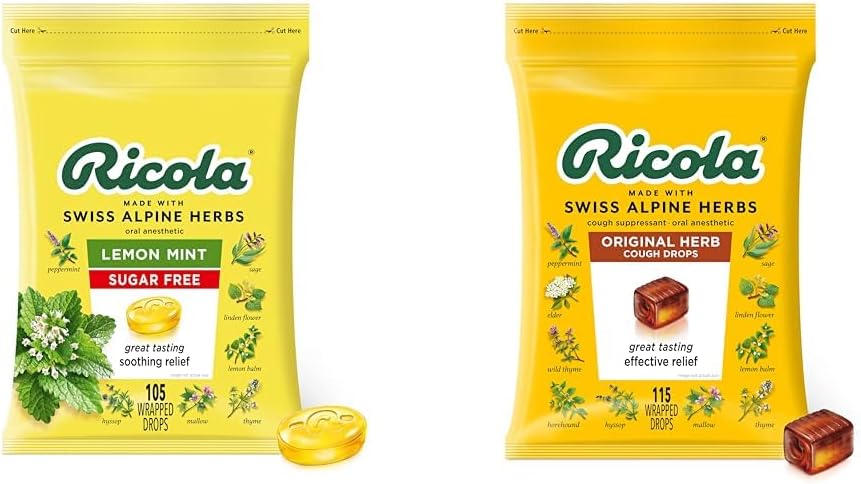 Ricola Sugar Free Lemon Mint Zeliščni kašelj Supresiven grlo kapljice, 105ct vrečka & Original Natural Herb Kašelj Kapljice, 115 Število, Kašelj Supresant in grlo Reliefing kapljice