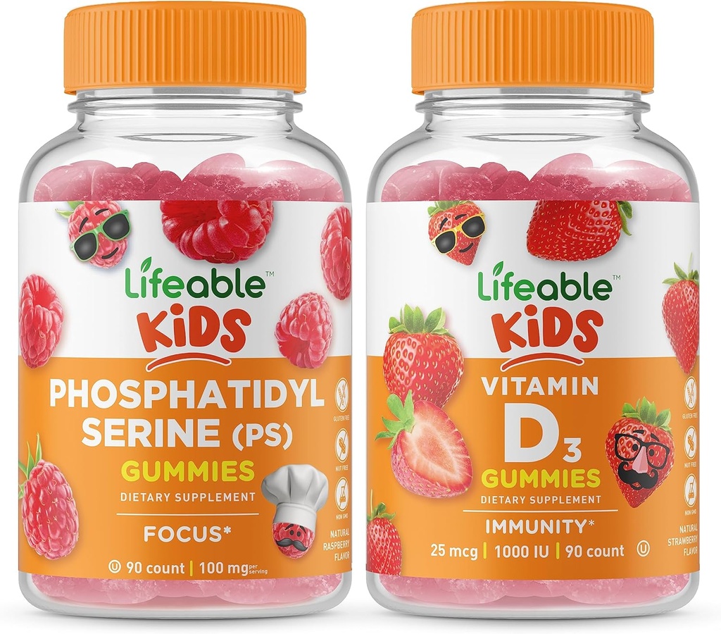 Življenjski fosfatidilserin (PS) Otroci + Vitamin D Otroci, Gummies Bundle - odličen okus, Vitamin dopolnilo, Gluten brezplačno, GSO brezplačno, Žvečljivi Gummy