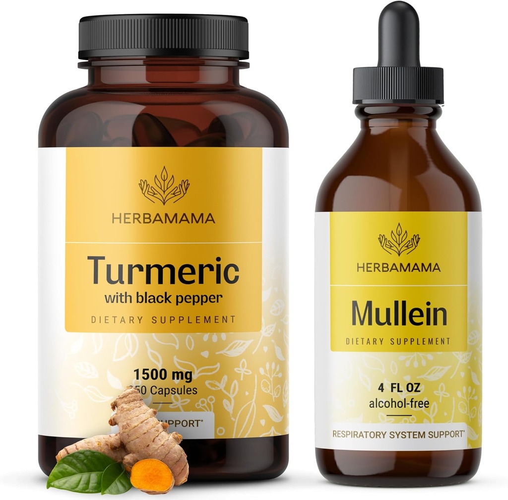 HERBAMAMA Turmeric in Mullein Leaf Kit - paket 1500 mg Kurkumin Kapsule & Mullein Leaf Extract Tinkture - Vegan, Non GSO, Sladkor & Alkohol brez - 2 paket