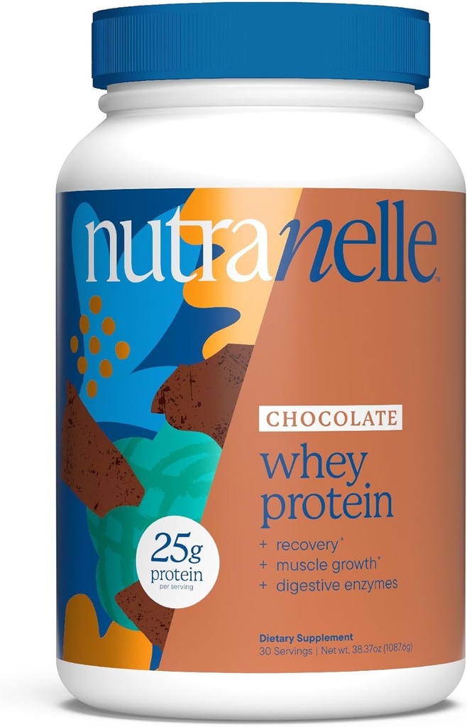 Nutranelle - Chocolate Whey Protein Powder – 25 g sirotkinega izolata in koncentrata na serviranje z digestivnimi encimi za rast mišic in regeneracijo – nič dodanih sladkornih beljakovin v prahu