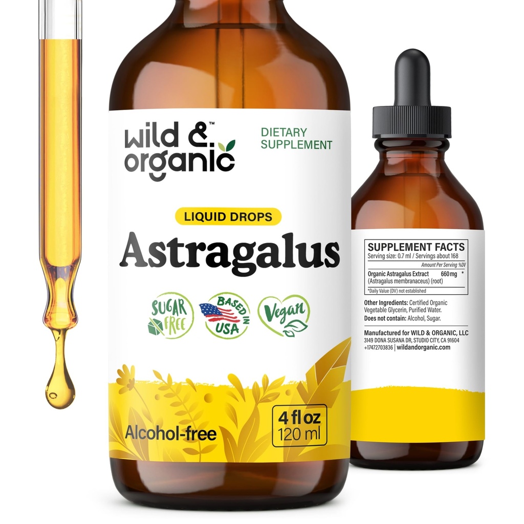 Wild & Organic Astragalus Tinktura - Imunska podpora dodatek w/Astragalus korenski ekstrakt - Veganska tinktura za imuniteto - Sladkor in brez alkohola kapljice - 4 fl oz