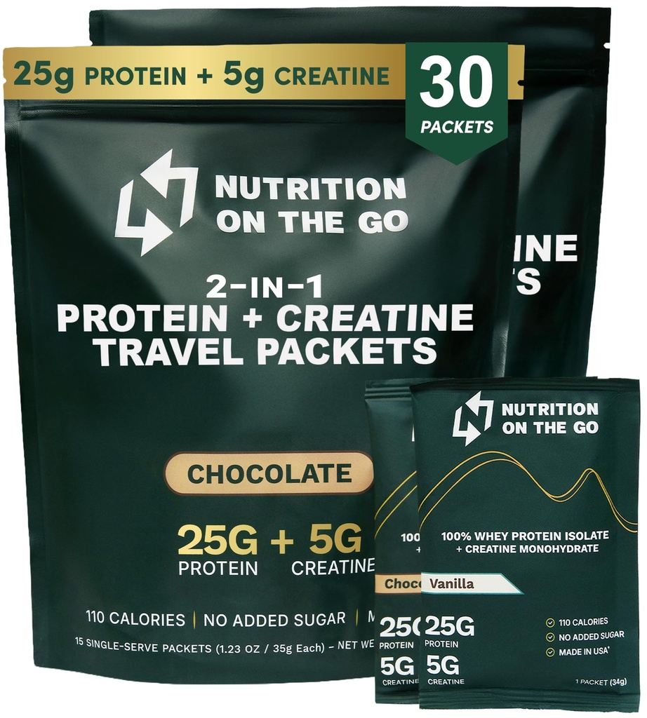 Nutrition On The Go Whey Protein Isolate Packets with Creatine – 25g Protein + 5g Kreatin – Enosmerni Travel Protein Powder - Variety Pack (Vanilla & Chocolate) (30-Pack)