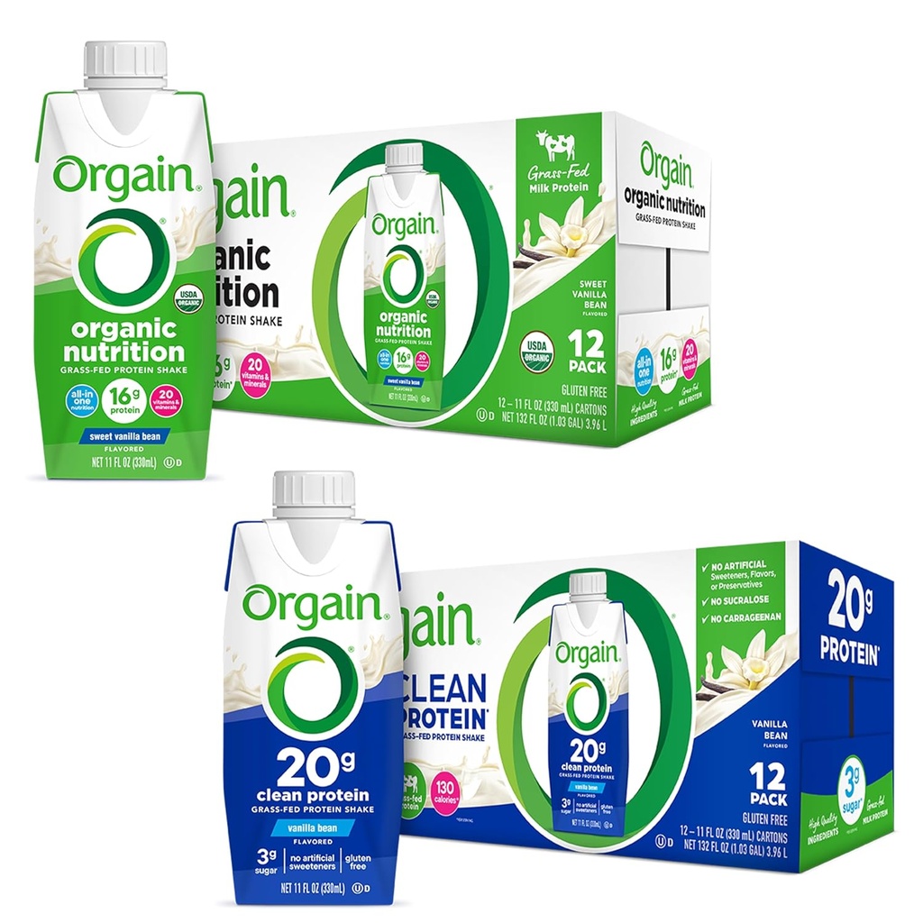 Orgain Protein Shakes Bundle - Grass Fed Whey in mlečne beljakovine, vanilija arome (12 pakiranje)
