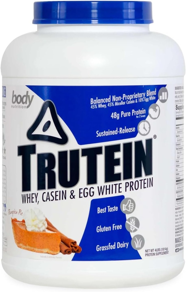 Body Nutrition Trutein Visoke beljakovine v prahu: 45% Whey, 45% Kazein, 10% Jajca bela, Gluten-free, nizko natrij, Grass Fed Whey Protein Powder, Gym Supplement & Breakfast Shake, Bučna pita, 4lb