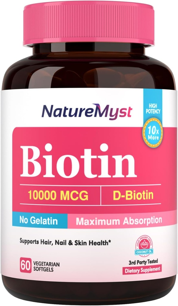 Biotin 10000 mcg, visoka jakost, biološko aktivno, hladno pripravljeno kokosovo olje za maksimalno absorpcijo, brez želatine, las, nohtov, kože, 60 vegetarijanskih mehkih gelov