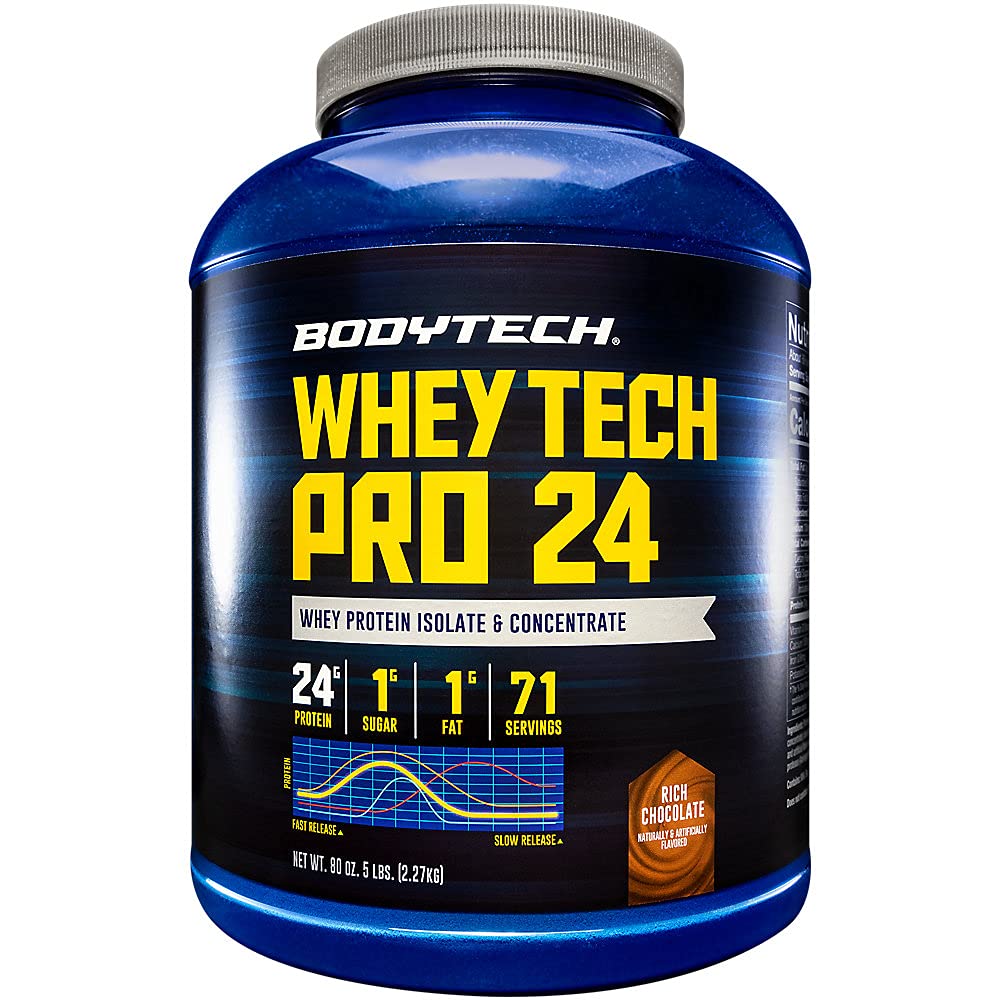 BODYTECH Whey Tech Pro24 Protein Powder - bogata čokolada aroma za rast in regeneracijo mišic, zagotavlja 24g beljakovin na služijo za optimalno fitnes in zmogljivost (5 lbs / 71 Serving)