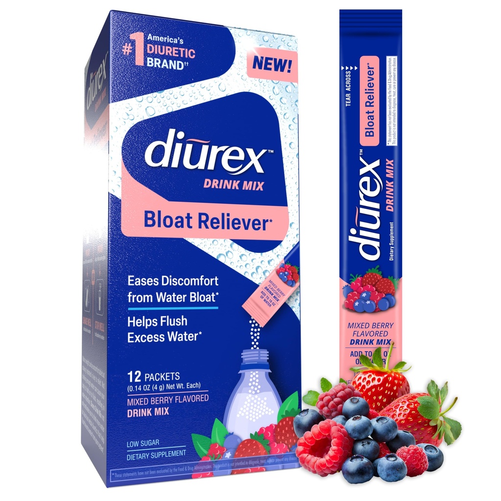 Diurex Drink Mix - Diuretic Supplement - Mix Berry Flavor - Bloat Relief z Diureex Proprietary Bloat Relieding Mešanica - Enojni Serve - 12 Pack