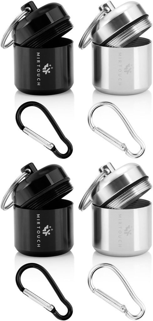 Prenosna Keychain tablete Holder Primer za okrogle glukozne tablete in kritična medicina - Discreet vodoodporne Key Chain Pill Container Nosilec z močnimi karabinkami - Aluminum Alloy tablete Fob Box - 4 Pack