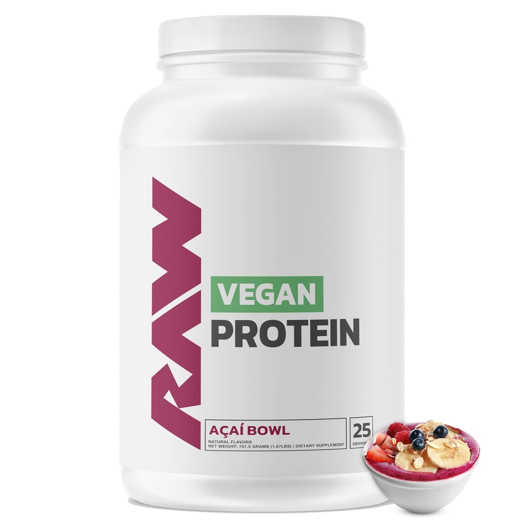 RAW Vegan Protein Powder, Acai Bowl - 20g beljakovin na osnovi rastlin v prahu in obogaten z vitamini za rast mišic in regeneracijo - nizka maščoba, nizka vsebnost ogljikovih hidratov, naravno aromatizirana in sladkana - 25 Serving