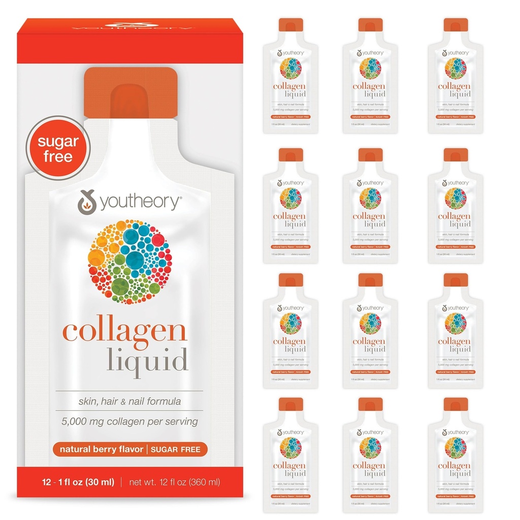Youteory Collagen Liquid - 5000 mg - za rast las, kožo in nohte* - Podpira skupno, zdravje kosti in mišic* - z aminokislinami - Berry Flavor - 12 Samski serving paketi (12-dnevna zaloga)