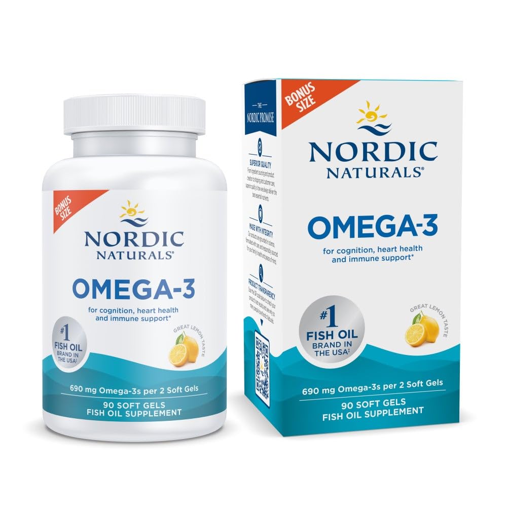 Nordic Naturals Omega-3, Lemon Flavor - 90 Soft Gels - 690 mg Omega-3 - ribje olje - EPA & DHA - Imunska podpora, zdravje možganov in srca, Optimalna Wellness - Non-GMO - 45 Serving