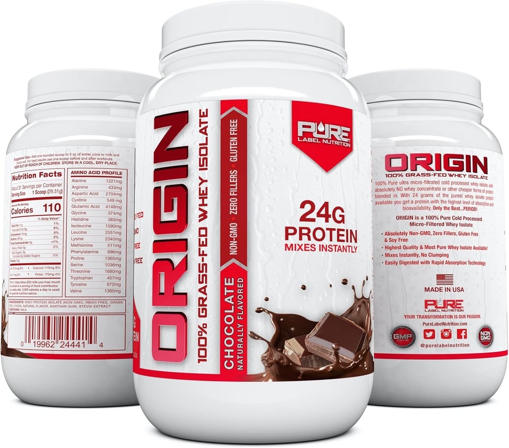 Pure Label Nutrition 100% Grass-Fed, čokoladni sirotkini izolati Protein Powder (24g) z esencialnimi aminokislinami, za pred in po treningu regeneracijo in izgradnjo mišic, nizko vsebnostjo maščob in nizko vsebnostjo ogljikovih hidratov - 2lbs