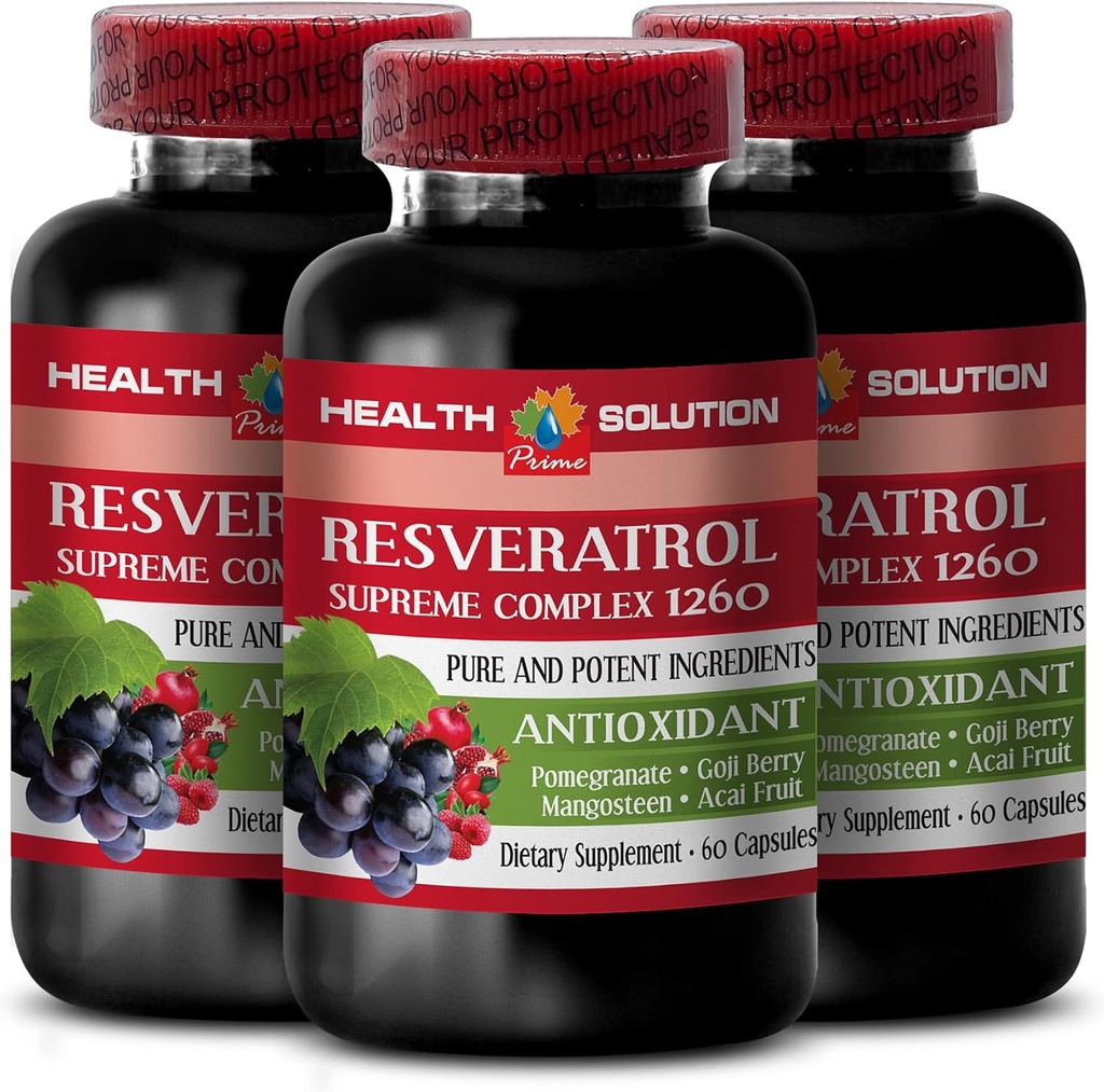 Ojačajte svojo naravno stamino - RESVERATROL SUPREME COMPLEX - Resveratrol ekstrakt z Goji Berry, Acai, Noni, Granatno jabolko, Mangosten, Supersadna mešanica, Antioksidant, Imunska podpora, 3 Bot 180 Caps