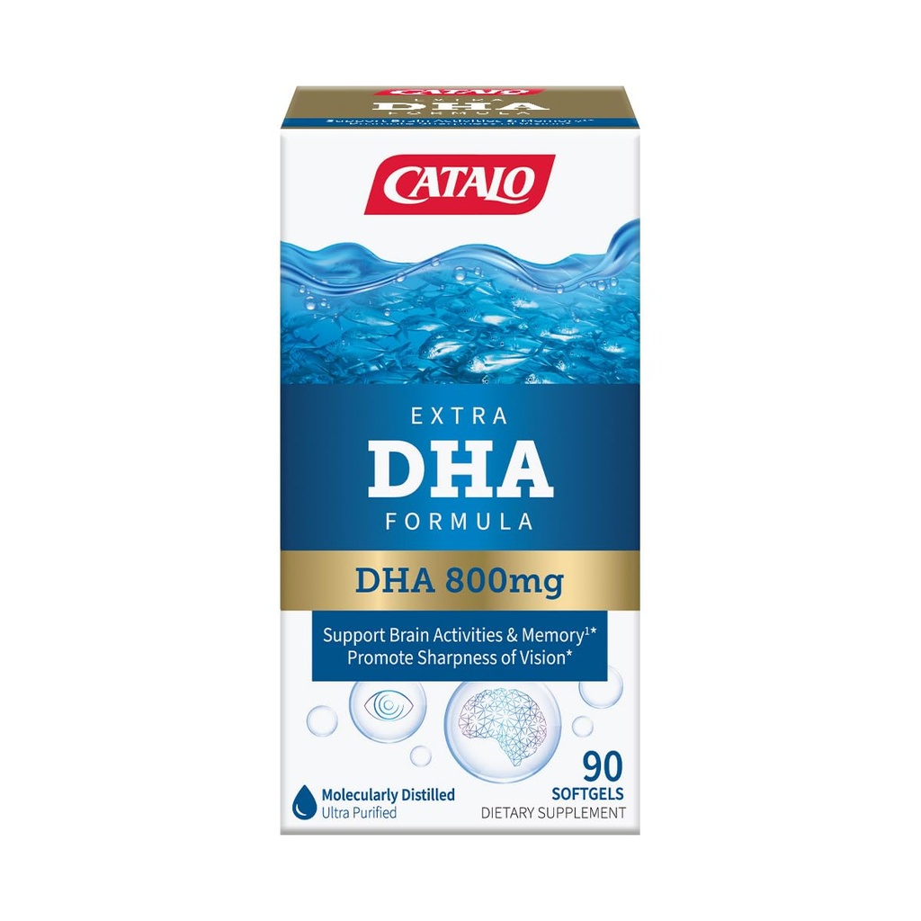 CATALO Extra DHA Formula, 800mg DHA per Serving, Ocean Fish Oil Softgels with Natural Lemon Flavor, Advanced Molecular Distillation, Easy-to-Swallow, No Artificial Colors & Preservatives – 90 Softgels