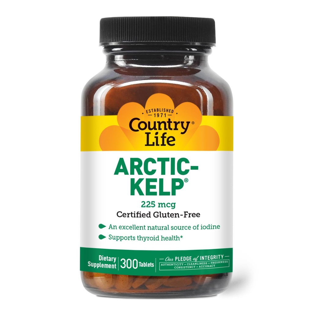 Country Life Arctic-Kelp – Naravni jod dopolnilo za ščitnico in imunske podpore – Vegan, Gluten-free, 225 mcg – Idealno za zdravje ščitnice, hipotiroidizem, in adrenalna podpora, 300 tablet
