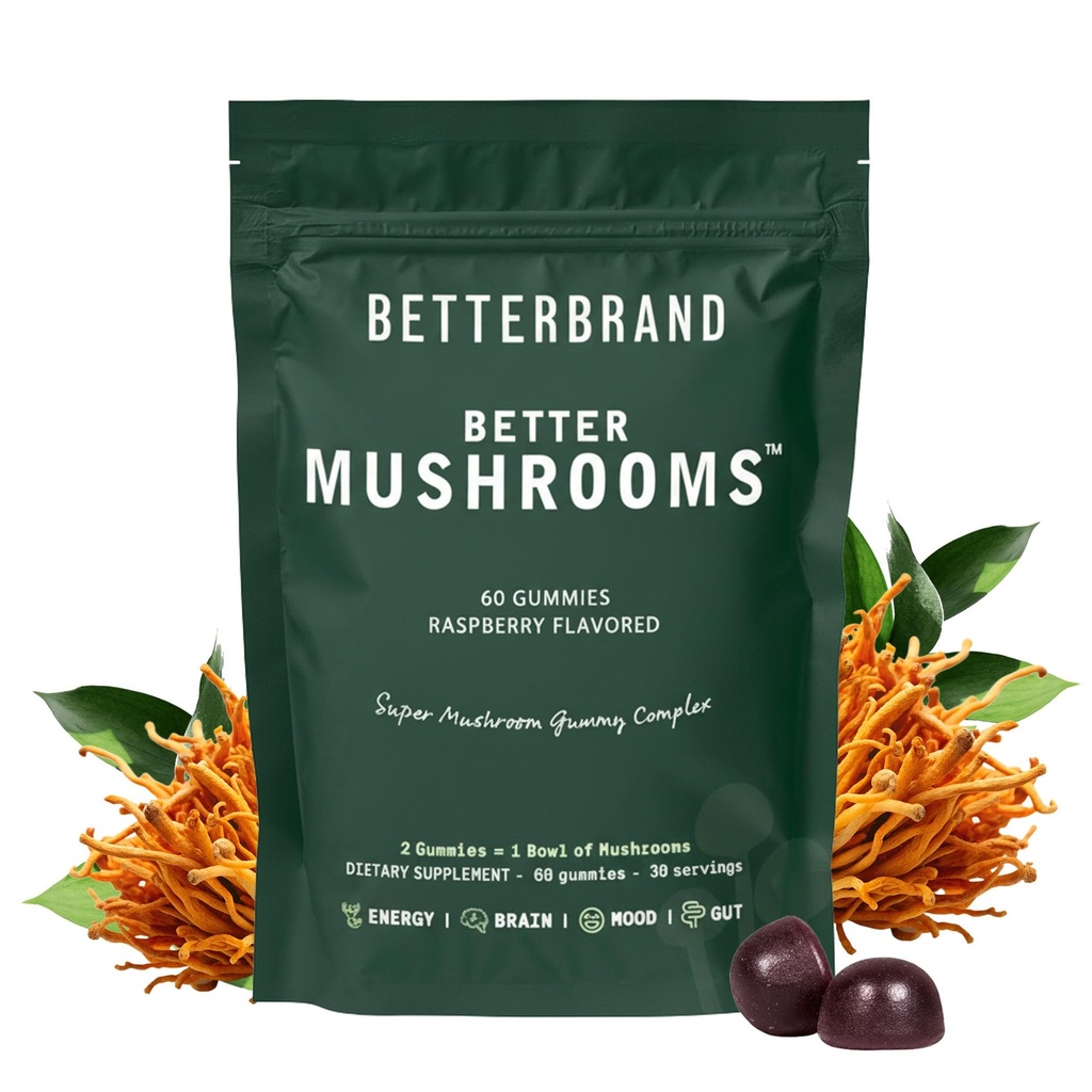 Betterbrand BetterMushrooms Nootropic Gummies - podpira boljše zdravje Gut, kognitivne funkcije, mentalna jasnost z 10 Funkcionalne gobe - 60 Gummies - Raspberry Flavor - Paket 1