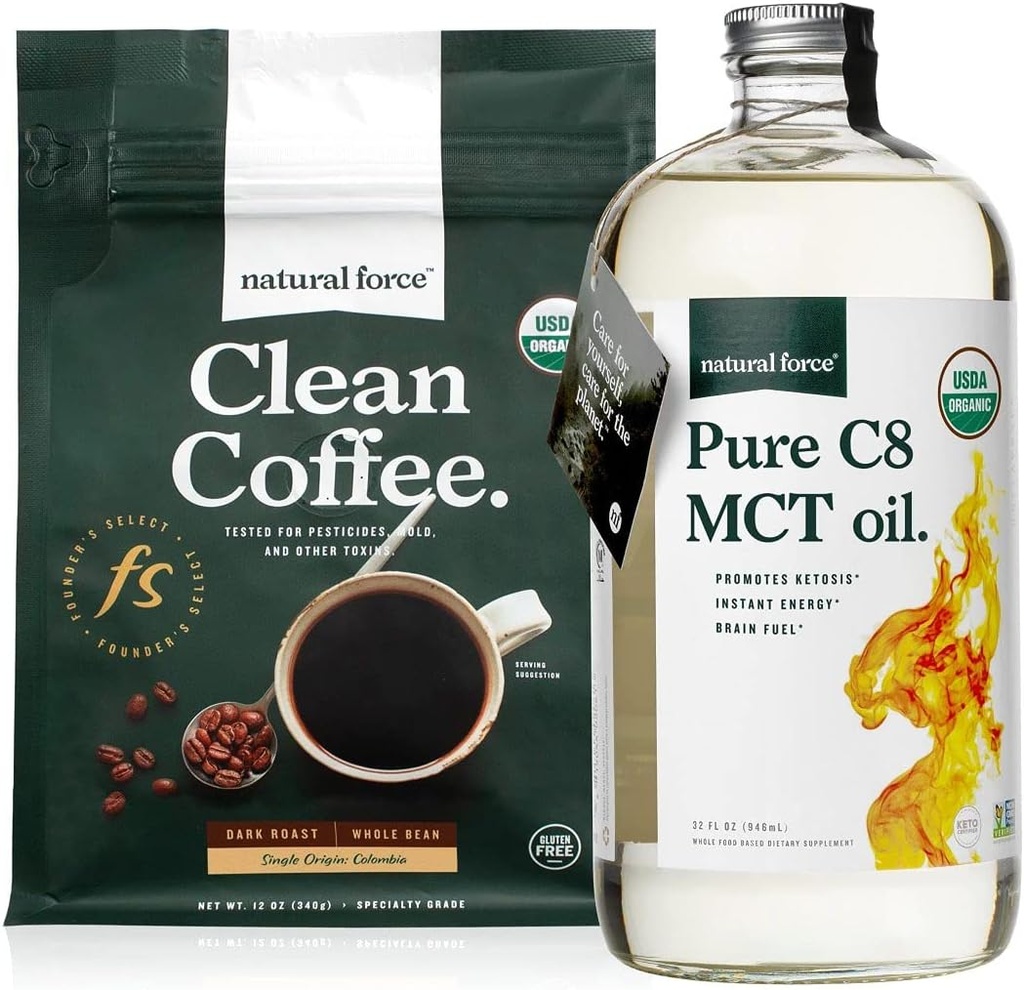 Naravna sila temna pražena čista kava + organska čista C8 MCT Oil Bundle – 100% C8 MCTs & Mold & Mycotoksin Free Coffee – Ne-GMO, Keto, Paleo in Vegan - 12 Oz in 32 Oz