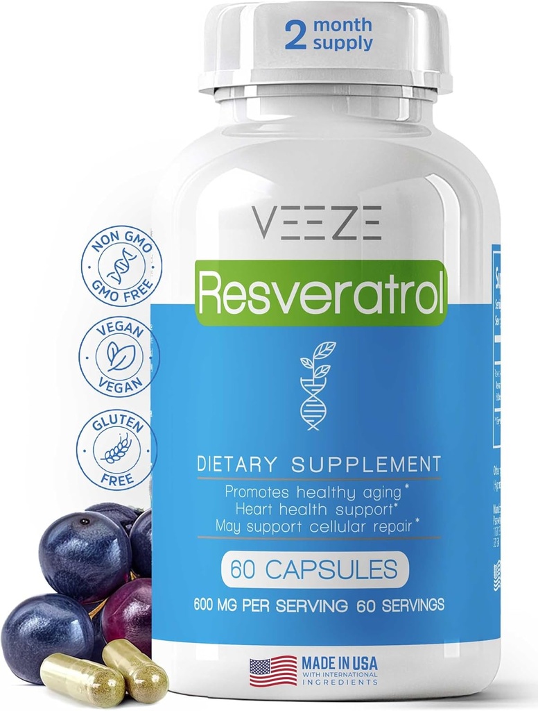 VEEZE Resveratrol dodatek 600mg 60 Kapsule & 60 Serving - Izdelano v ZDA Natural & Organic Resveratrol - bogata z antioksidanti & Trans Resveratrol za dobro počutje podporo - Premium Organic Resveratrol