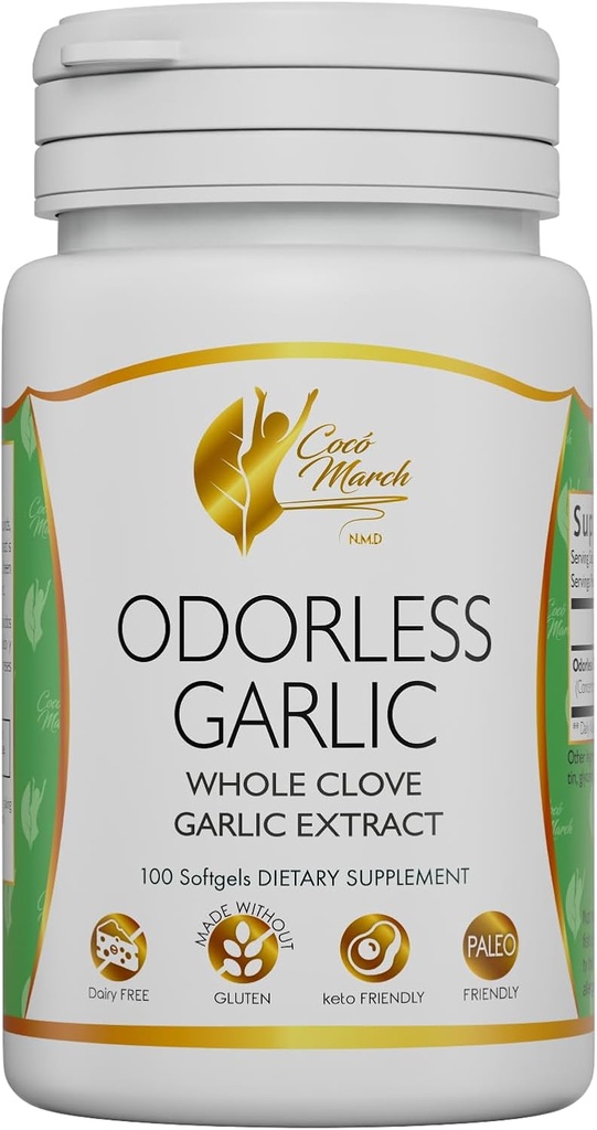 Cocó March N.M.D Odorless Česen olje iz cele česen -Immune Podpora & Mikrobiome Zdravje. Formula brez glutena in mleka, Paleo in Keto prijazno, 50 Serving