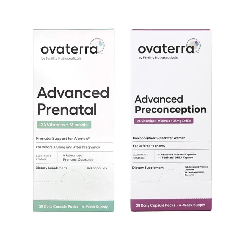 Ovaterra Advanced Prenatal & Preconception Multivitaminski paket za ženske z DHEA 25 mg, holin 550 mg, folat (metilfolat) 1,010 mcg, omega-3 DHA, EPA, kelirano železo 364 kapsul - 28 dnevna zaloga