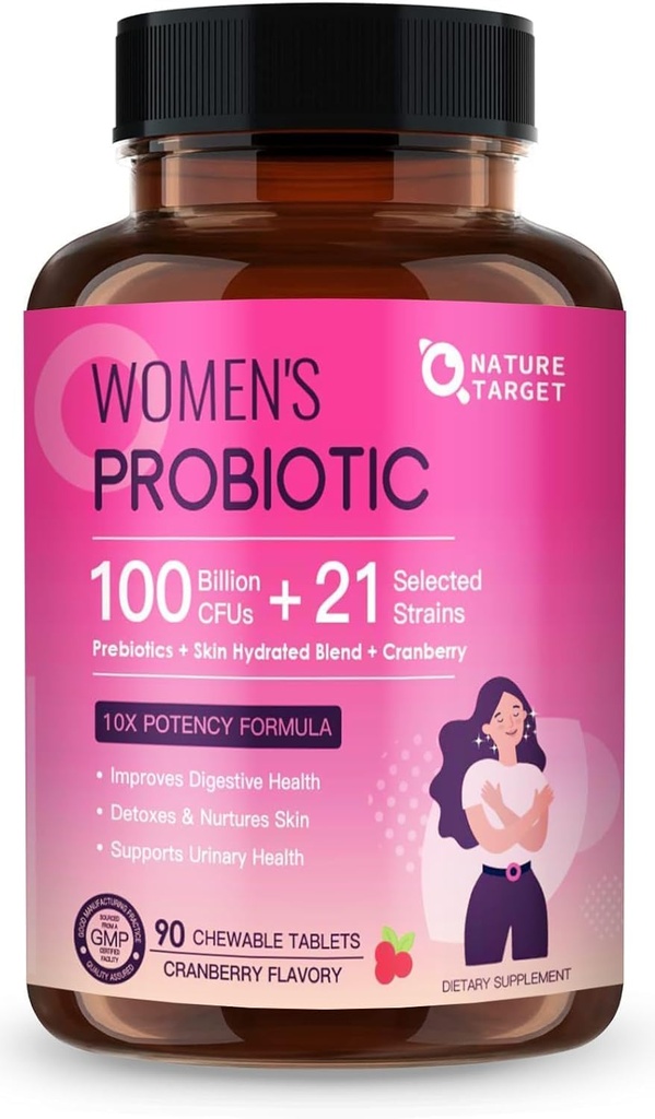 NATURE CILJ Probiotiki za ženske Prebavno zdravje s 100 milijardami CFU, Ženske Probiotik za Gut zdravje in imunske podpore, nego kože, s Cranberry & D-mannose, 90 Žvečljive tablete (45 Day Supply)