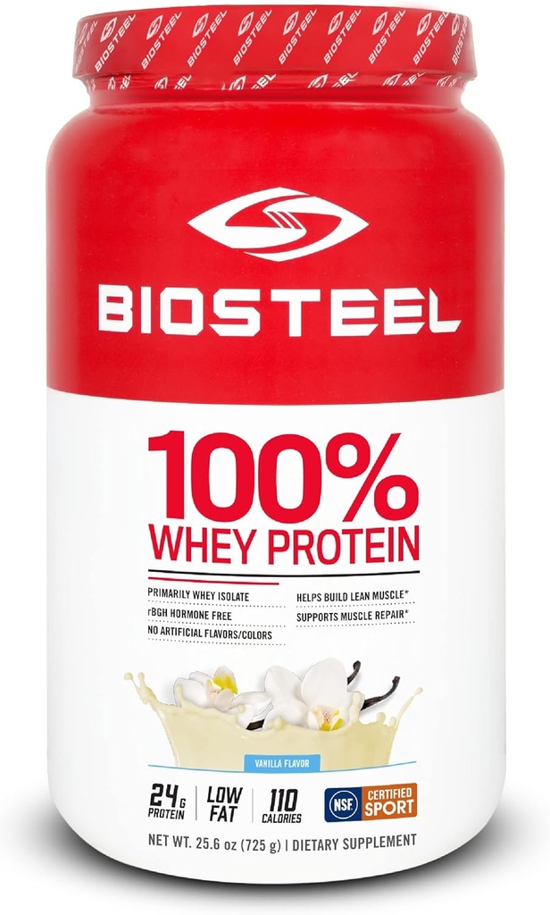 BIOSTEEL 100% Whey Protein Powder Supplement, rBGH Hormone Free in Non-GMO Post Workout Formula, Vanilla, 25 Servings