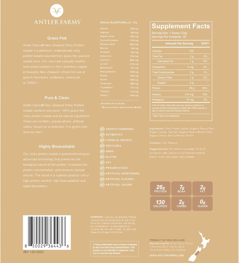 Kmetije z rogovi - 100% Grass Fed Novozelandska sirotkinih beljakovin izolat, Arašidovo maslo čokoladna aroma, 2 lbs - Čista in čista, 7 sestavin, hladno obdelan