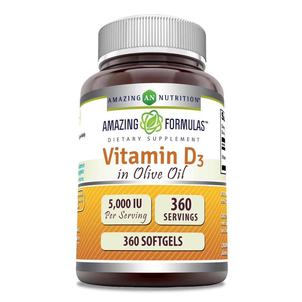 Amazing Formulas Vitamin D3 in Olive Oil 5000 IU Supplement | Softgels | Non-GMO | Gluten-Free | Made in USA (1 Pack | 360 Count)