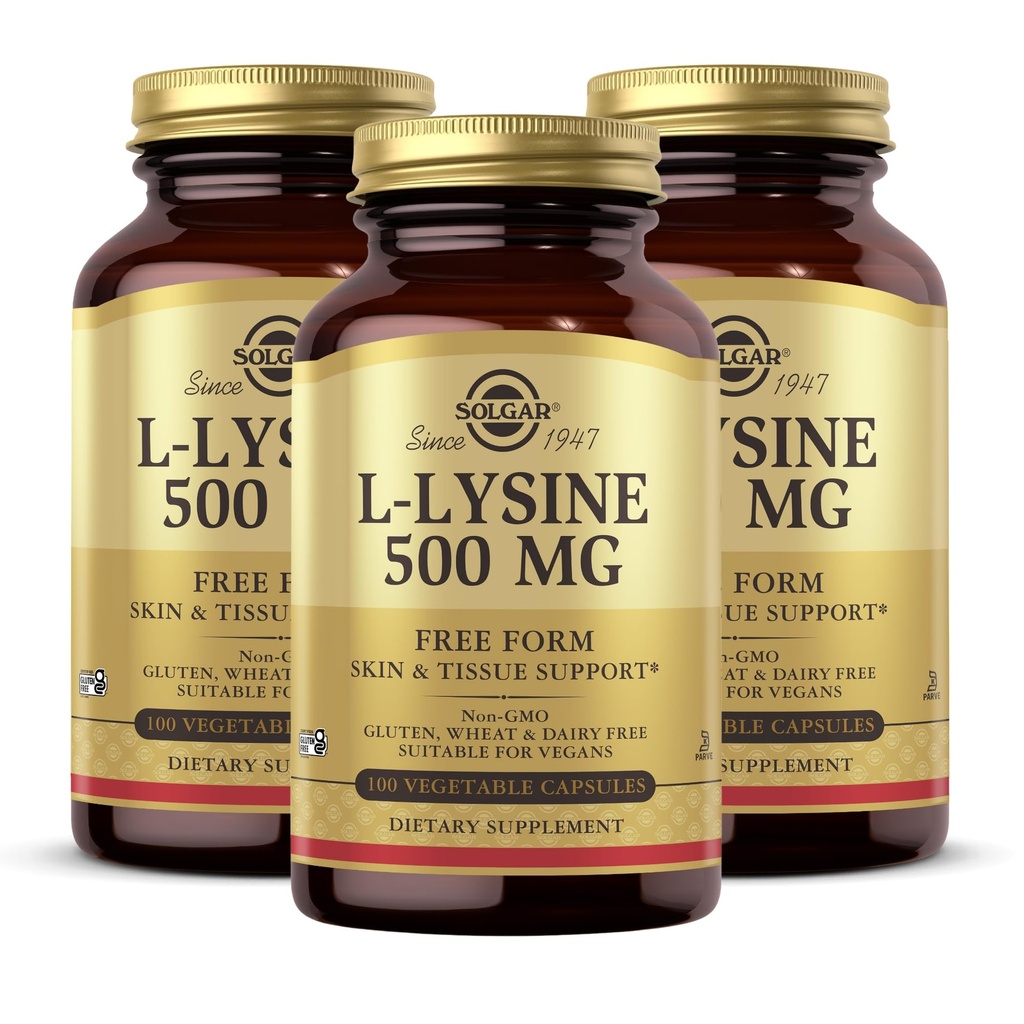 Solgar L-Lysine 500 mg - 100 rastlinskih kapsul, pakiranje po 3 - podpora za kožo in tkivo - ne-GMO, Vegan, Košir, brez glutena - 300 skupnih servvov