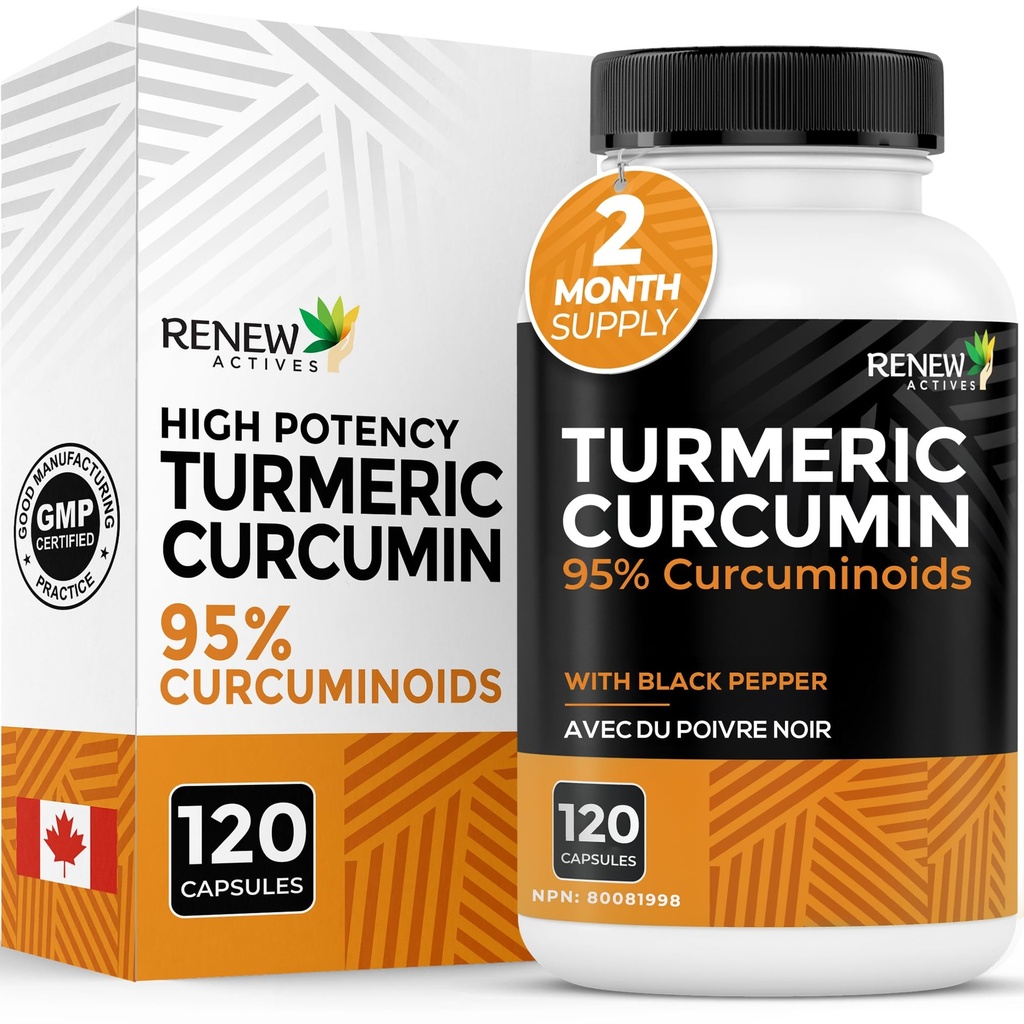 Renew Actives Turmeric Curcumin with Black Pepper – 600MG Turmeric Root, 100MG Curcuminoids per 2 Capsules – Supports Digestion, Liver Health, Joint Relief & Mobility – Made in Canada – 120 Capsules
