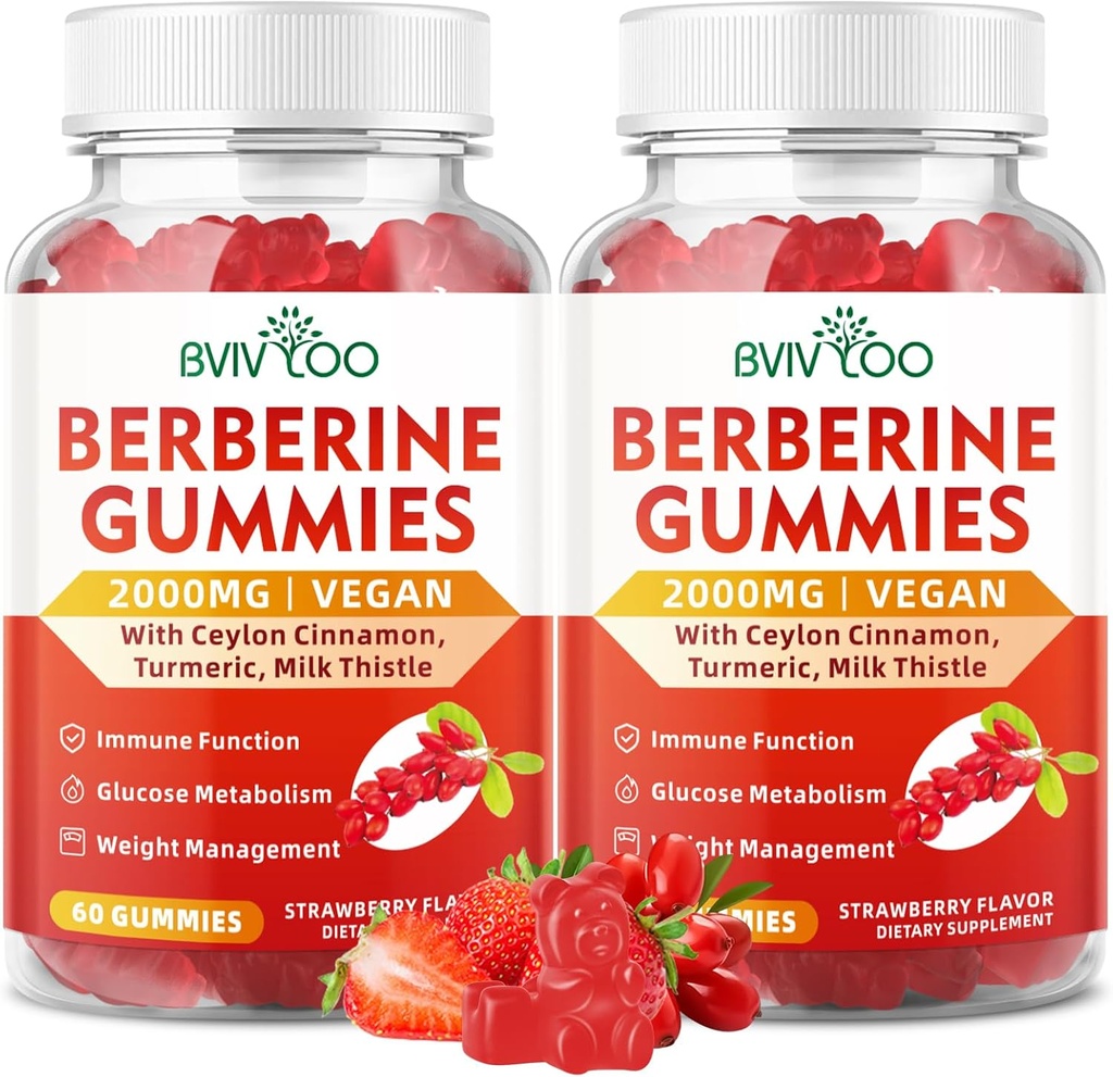 2 paketi Berberine Gumies,Sugar Free 2000mg Visoka moč Berberine HCI dodatek, Plus Ceylon Cimet, mleko Oves za ženske in moške, imunski sistem in metabolizem podpora - 120 Gummies
