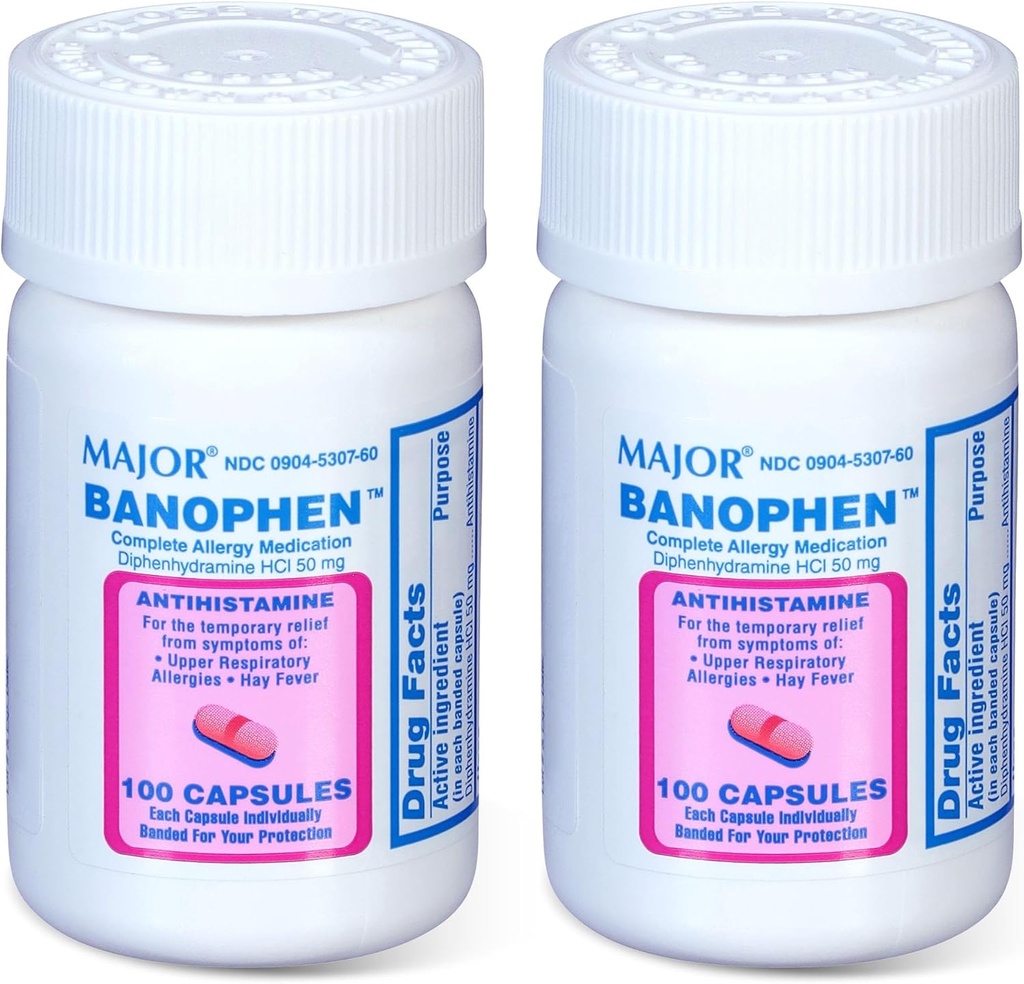 MAJOR Banohpen - popolno zdravilo za alergijo - difenhidramin HCI 50 mg - antihistaminik - 100 kapsul (2 pakiranji)