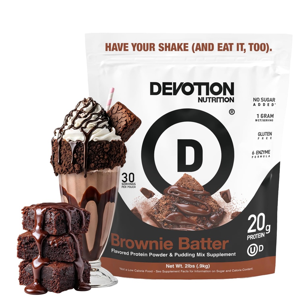 Devotion Nutrition Protein Powder Brownie Batter – 20g Whey izolat & Kazein Beljakovinska mešanica – Brez dodanega sladkorja, nizkih ogljikovih hidratov, gluten-free, Keto-Friely, 1g MCT, Kosher – 2lb Pouch
