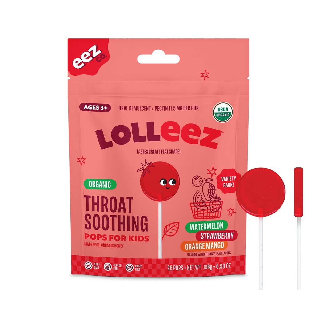 Lolleez Organic Lollipops za otroke boleče grlo Relief, Variety Pack kot nalašč za pomirjanje boleče grlo, medtem ko degustacija veliko, jagode, lubenica in pomarančni mango, 28 Count