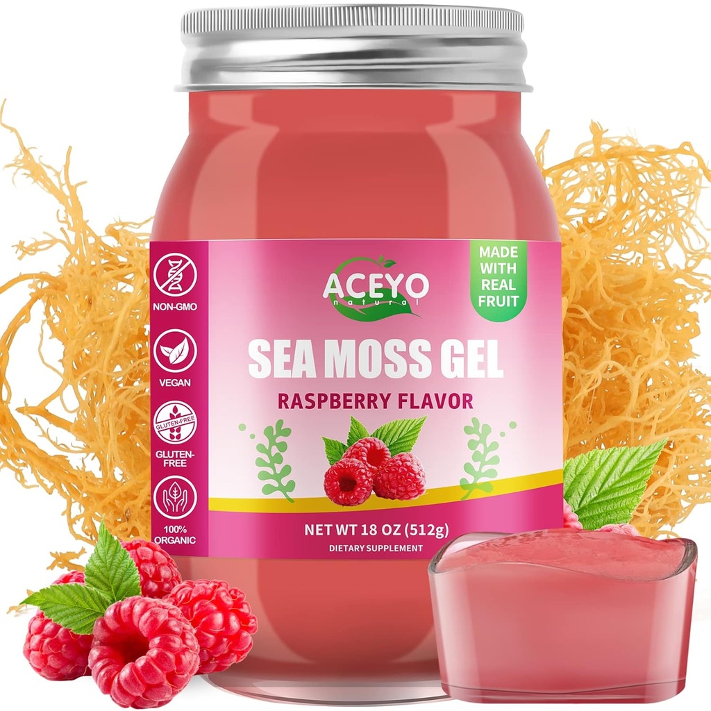 ACEYO (18 OZ) Irish Sea Moss Gel Organic Raw Vegan Raspberry Flavor 102 Vitamini in minerali Wild žetev ne-GMO Immune Defense Booster Thyroid Digestive Podpora